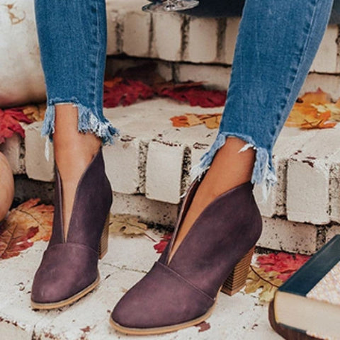 Retro Western V Cut Ankle Boots Slip On Chunky Stacked Heel Booties