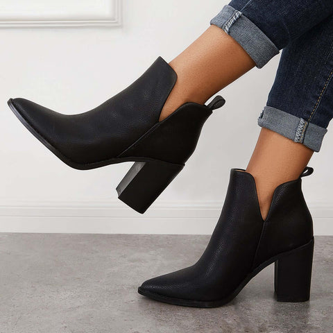 Cutout Western Ankle Cowboy Boots Chunky Stacked Heel Booties
