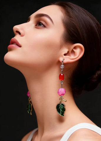 Beautiful Green Leaf Asymmetrical Jade Zircon Drop Earrings