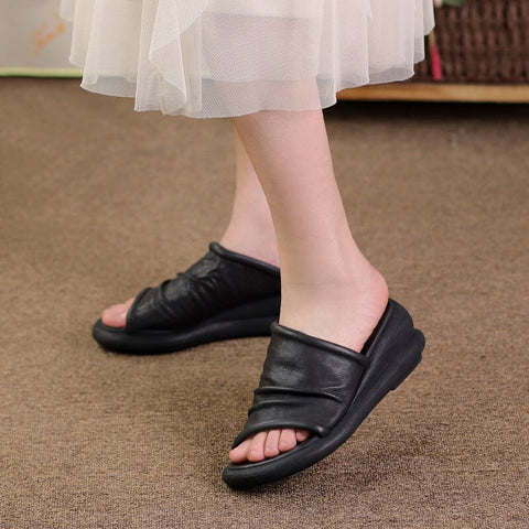 Women Summer Casual Leather Wedge Slides Sandals