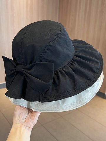Sun-protection Bowknot Pleated Solid Color Fisherman Hat Sun Hat