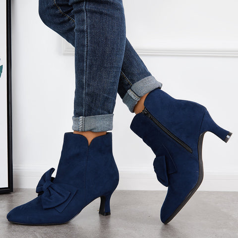 Bowknot Kittten Heel Ankle Boots Side Zipper Dress Short Booties