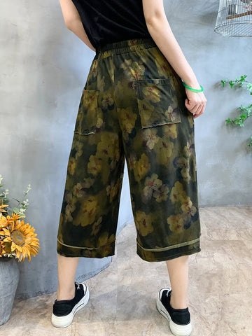 Women Summer Retro Flower Print Spliced Pocket Loose Pants