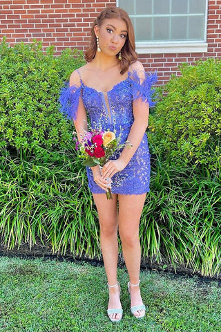 Sheath Off the Shoulder Purple Sequins Short Homecoming Dress with Feather