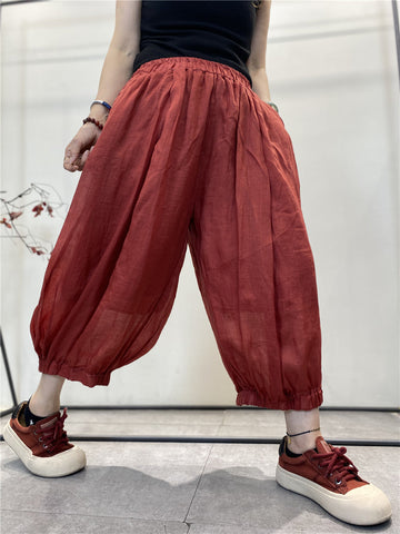 Women Summer Solid Thin Loose Pocket Pleat Cotton Pants