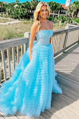 A Line Spaghetti Straps Blue Corset Prom Dress with Ruffles