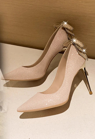 Gold bow crystal high heels slim heels shallow mouthed pointed toe single shoes fashionable French rhinestone wedding shoes