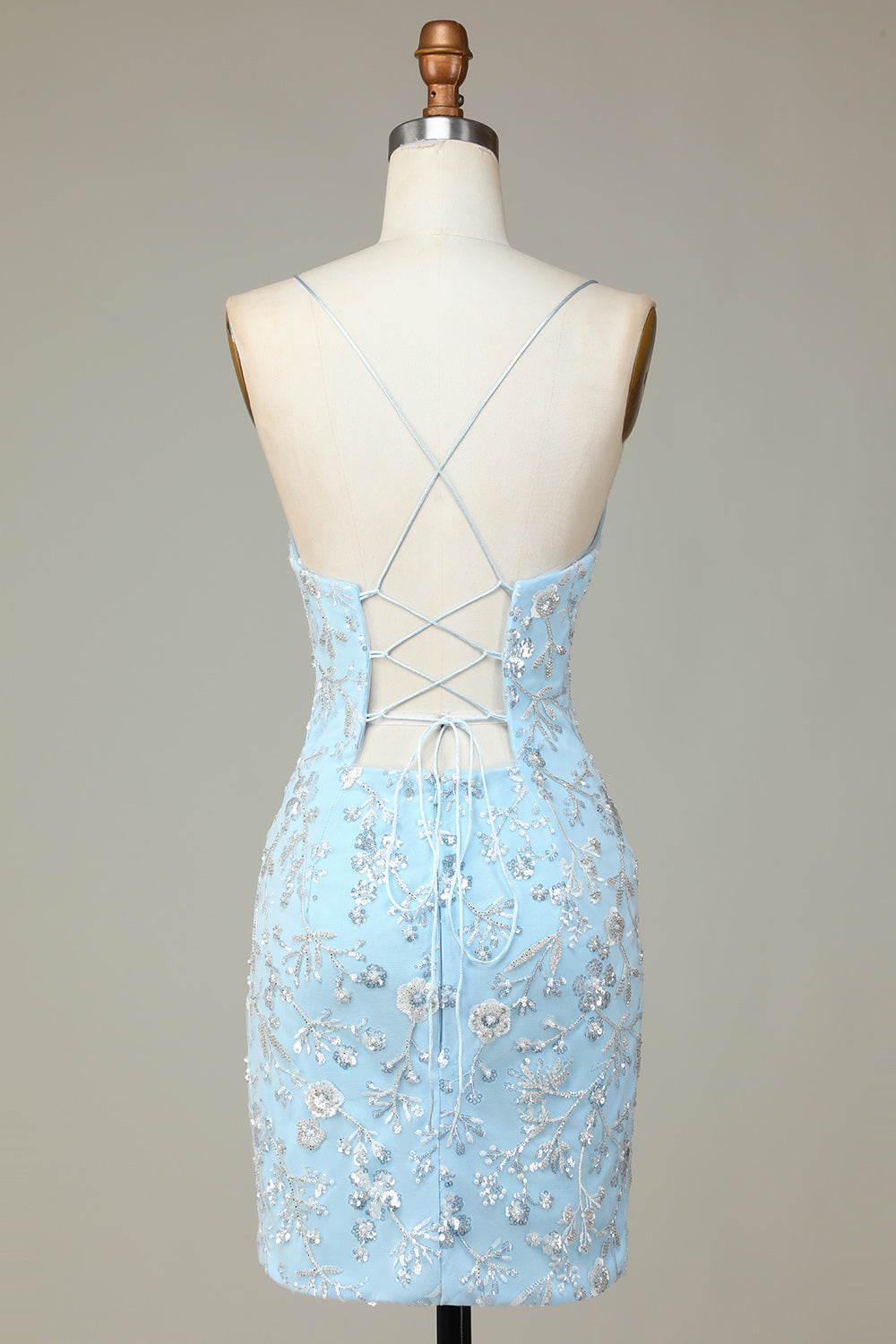 Stylish Bodycon Spaghetti Straps Light Blue Short Homecoming Dress with Beaded