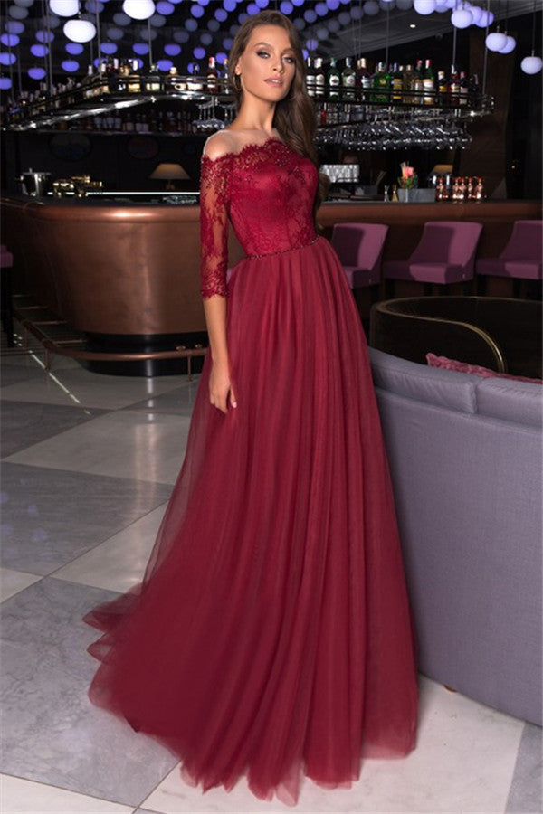 Bmbridal Half Sleeves Burgundy Lace Prom Dress Tulle Long