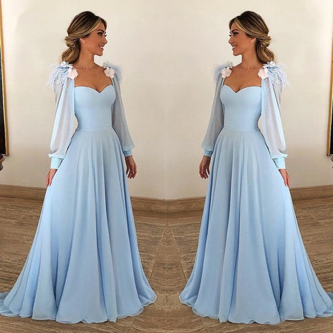 Sky Blue Long Sleeves Prom Dress Long Chiffon Sweetheart