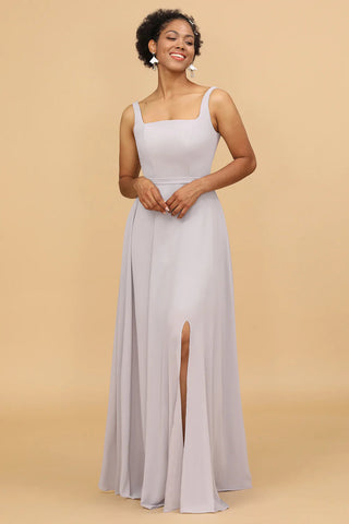 Graues Chiffon-Brautjungfernkleid mit eckigem Ausschnitt