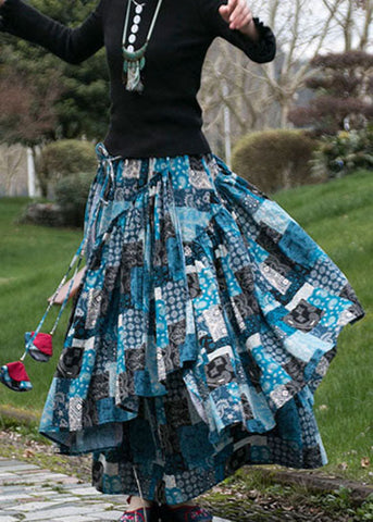 DIY Blue Wrinkled Asymmetrical Print Patchwork Cotton Skirts Fall