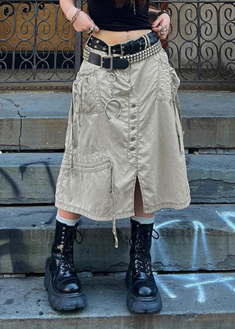 Fashion Grey Pockets Cinched Patchwork Cotton Skirts Summer