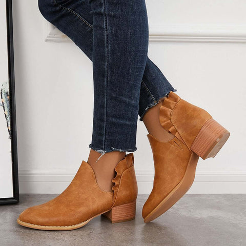 V-Cut Ruffle Ankle Boots Slip on Chunky Stacked Heel Booties