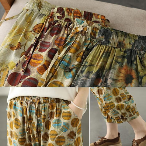 Summer Retro Print Loose Cotton Linen Pants