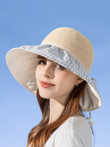 Summer Casual Straw Spliced Plaid Drawstring Hat