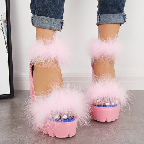 Furry Platform Chunky High Heels Open Toe Ankle Strap Sandals