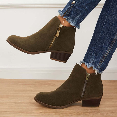 Chunky Block Heel Ankle Boots Side Zipper Booties