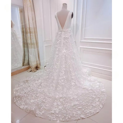 Ivory A-line Satin Tulle 3D Flowers V-neck Wedding Dresses With Slit