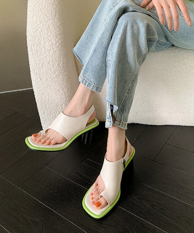 New Black Chunky Heel Cowhide Leather Toe Covering Sandals