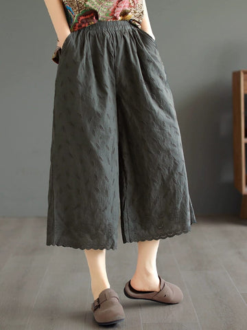 Summer Loose Retro Embroidery Trim Wide Leg Pants