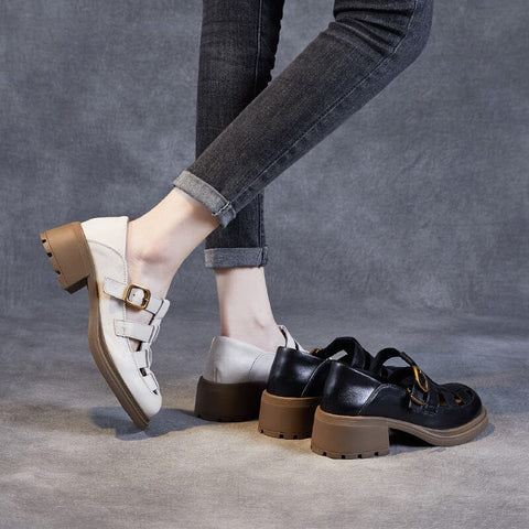 Women Summer Retro Plaited Leather Chunky Heel Sandals