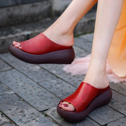 Cozy Leather Simple Handmade Platform Slippers