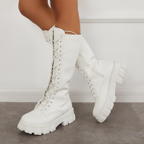 Lace Up Platform Heel Knee High Boots Lug Sole Combat Boots