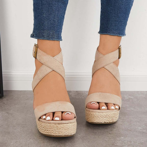 Criss Cross Ankle Strap Espadrille Wedge Platform Sandals