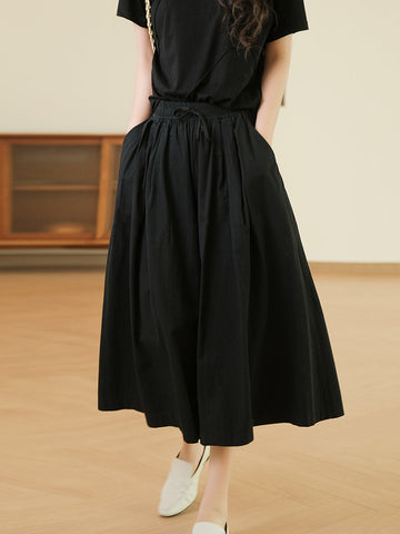 Women Summer Solid Pleat Pocket Loose Wide-leg Pants