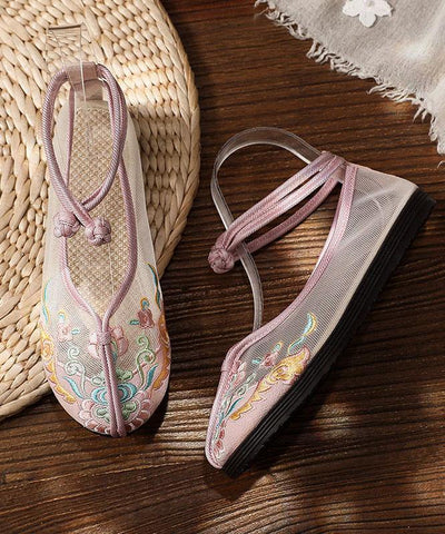 Beigefarbene flache Schuhe mit orientalischer Stickerei aus Tüll