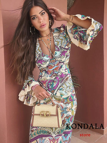 Vintage Blumendruck V-Ausschnitt Lockeres Langes Kleid Frauen Blütenblatt Ärmel Rüschen Fashionn Kleid Boho Elegante Vestidos
