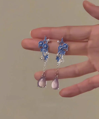 Chinese Style Colorblock Sterling Silver Jade Pearl Cloisonne Drop Earrings