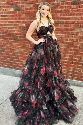 Print Halter Keyhole A-Line Long Prom Dress