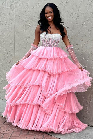 A-line Sweetheart Tiered Organza Prom Dress with Detachable Sleeves