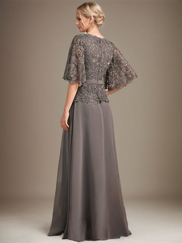 A-line V-Neck Floor-Length Chiffon Lace Mother of the Bride Dress With Crystal Brooch Rhinestone