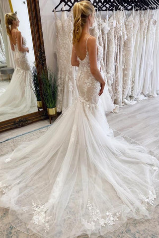 Spaghetti-Straps Lace Wedding Dress Mermaid Sleeveless Online