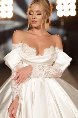 Off-the-Shoulder Long Sleeves Wedding Dress Ball Gown Satin