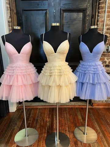 A-Line Deep V Neck Tiered Short Homecoming Dress