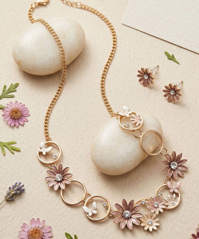 Bohemian Coffee Alloy Hollow Out Daisy Butterfly Pendant Necklace And Stud Earrings Two-Piece Set
