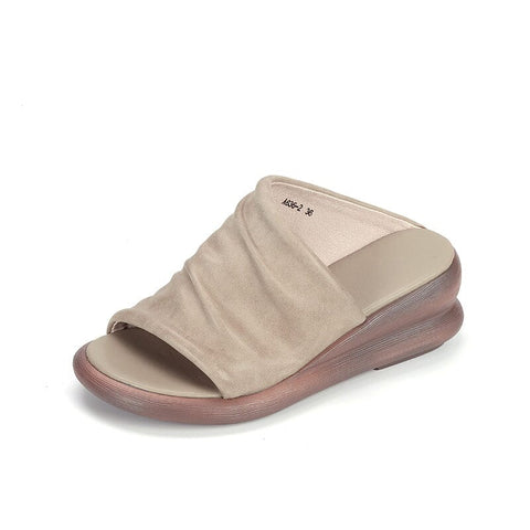 Women Summer Casual Leather Wedge Slides Sandals