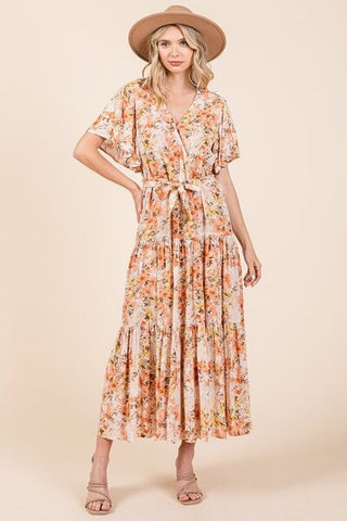 Floral Tie Waist Flutter Sleeve Tiered Summer Dress