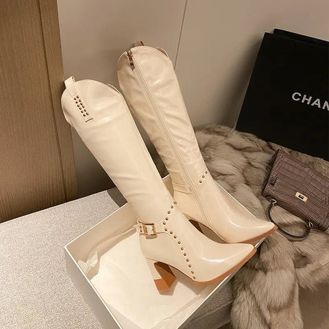 - White Pointed Toe Rivet Western Boots Pu Leather Side Zipper High Heels Knee High Boots Newest Fashion Autumn Winter Women Shoes