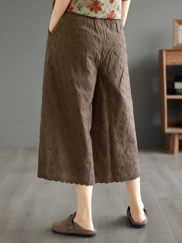 Summer Loose Retro Embroidery Trim Wide Leg Pants