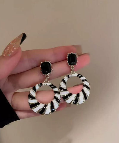 French Black White Stripe Copper Alloy Zircon Drop Earrings