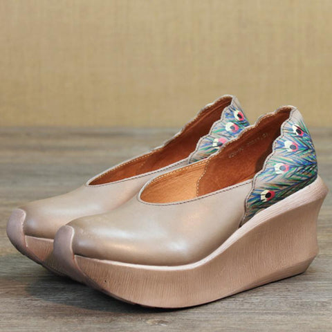 Women Wedge Peacock Tail Print Sewing Casual Shoes