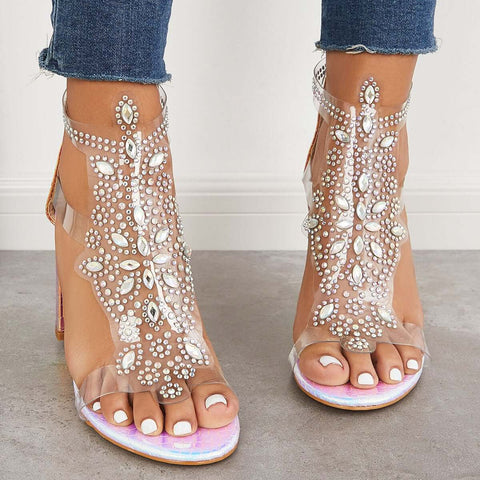 Rhinestone Block Chunky High Dress Heels T-Strap Sandals