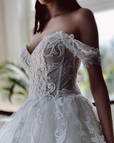 Off-the-Shoulder Ball Gown Wedding Dress With Appliques Sequins