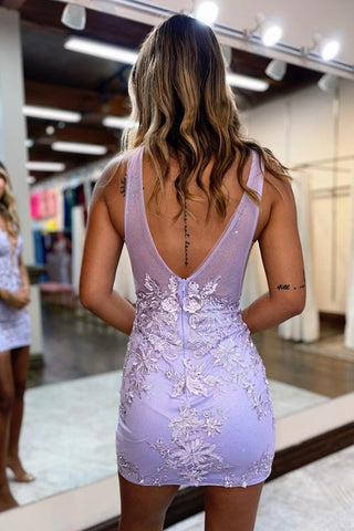 Gorgeous Bodycon Deep V Neck Lilac Short Homecoming Dress with Appliques