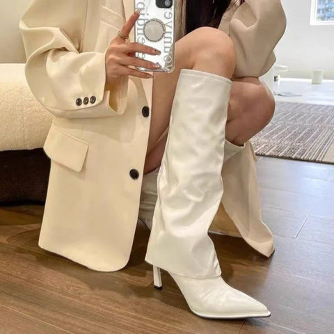 Wind Trouser Boots Women High Heel Shoes 2024 Spring Autumn New Lady Soft Leather Thin Heels Pointed Knee Length Knight Boots